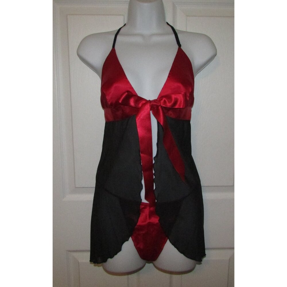 Red Satin Babydoll Thong Set - Sz L - NEW